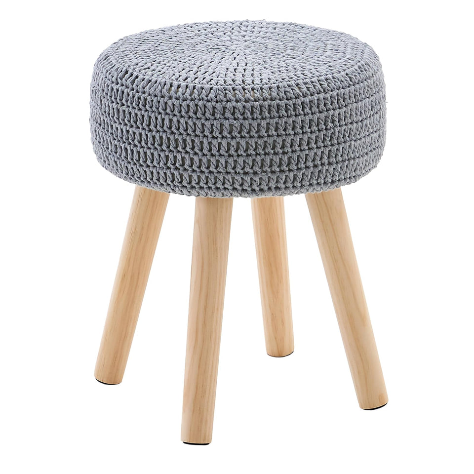 Wimarsbon Pouf Ottoman, 100% Cotton Knitted Boho Footstool, Round Footrest with Non-Skid Wood Legs, Home Décor Handmade Pouffe, Leisure Floor Step Stool for Living Room (Beige)