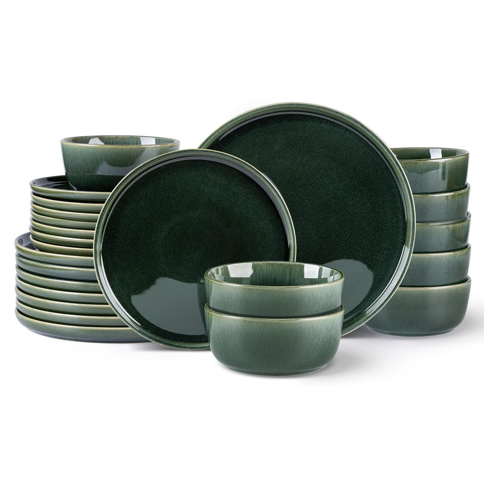 GBHOME Ceramic Dinnerware Sets for 8, 24 Pieces Stoneware Plates and Bowls Sets, Scratch Resistant Dishes, Dishwasher & Microwave Safe, Reactive Glaze-Green Wheat