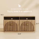 BELLEZE 65 Inch Fluted Buffet Cabinet with Storage, Symmetrical Arc Accent Sideboard Large Console Table for Dining Room, Kitchen, and Living Room (Caramel Brown)