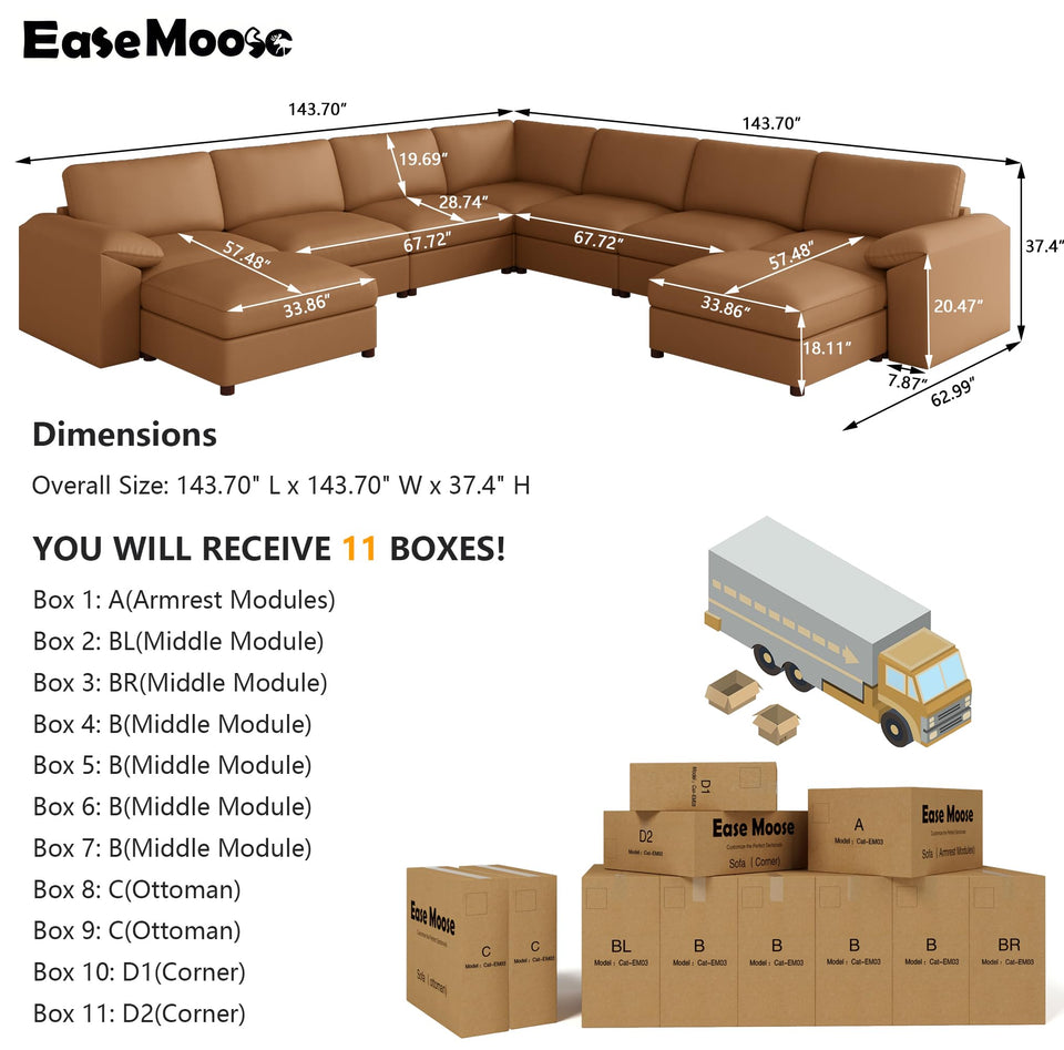 EASE MOOSE Leather Sectional Couch, Oversized Modular Sectional Sofas, Wide Deep Seat Modular Couch, Scratch Resistant Faux Leather Material, L Shaped Sofa for Big Spaces,Beige