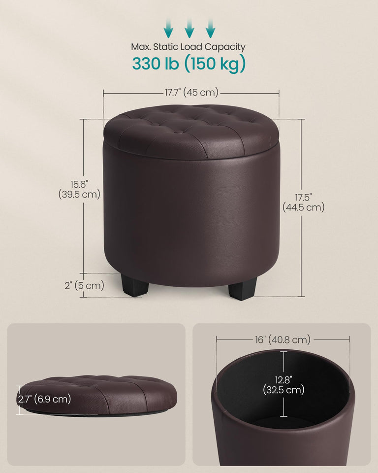 SONGMICS Round Ottoman, Ottoman with Storage, 17.7 Dia. x 17.5 H Inches Foot Rest with Legs, Load up to 330 lb, for Living Room, Bedroom, Dark Gray ULOM011G01