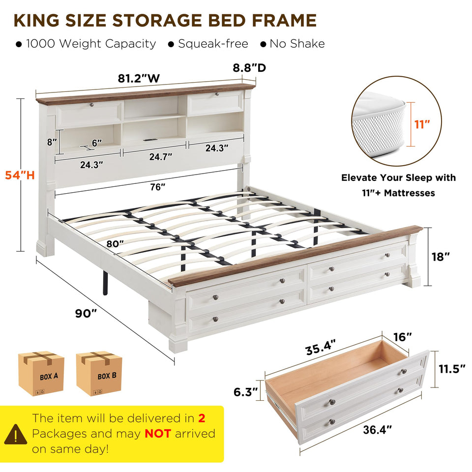 Farmhouse King Size Bed Frame with 54" Tall Storage Bookcase Headboard, Wood Platform Bed Frame with 2 Drawers & 18" Tall Roman Column Decoration Footboard, No Box Spring Needed(Antique White)
