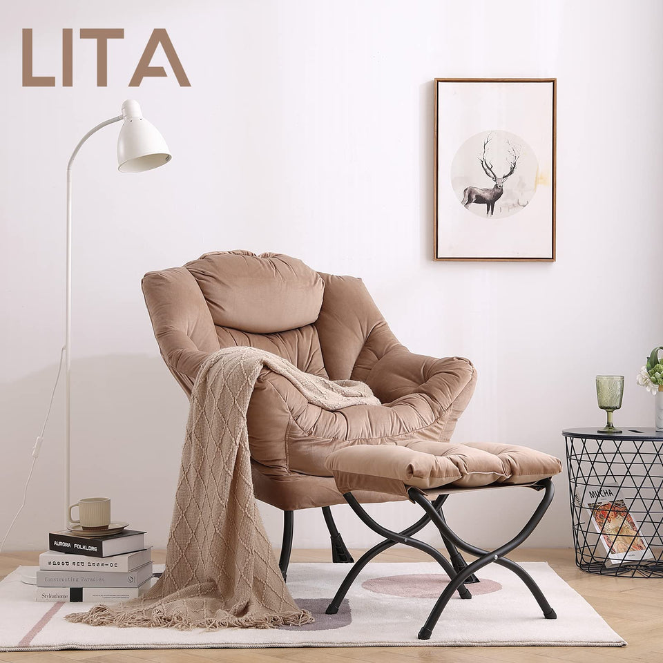 LITA Lazy Chair with Ottoman, Modern Accent Leisure Upholstered Lazy Sofa Armchair, Contemporary Lounge Reading Chair with Armrests and a Side Pocket for Living Room, Bedroom & Small Space, Dark Grey