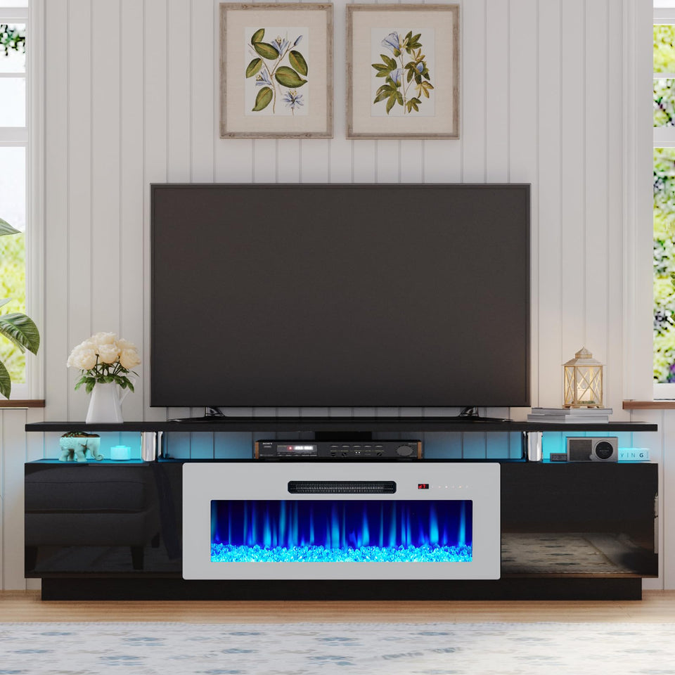 AMERLIFE Fireplace TV Stand with 36" Fireplace, 70" Modern High Gloss Fireplace Entertainment Center LED Lights, 2 Tier TV Console Cabinet for TVs Up to 80", Obsidian Black