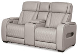 Signature Design by Ashley Boyington Contemporary Leather Match Power Reclining Sofa with USB Charging Ports, LED Lights and Adjustable Headrest, Light Gray