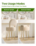 GREENSTELL Small Vanity Stool Chair with Storage and Folding Back, 13" x 13" x 17.7" Faux Fur Soft Ottoman for Teenager, 4 Metal Legs with Anti-Slip Feet, Furry Padded Seat for Makeup, Bedroom, White