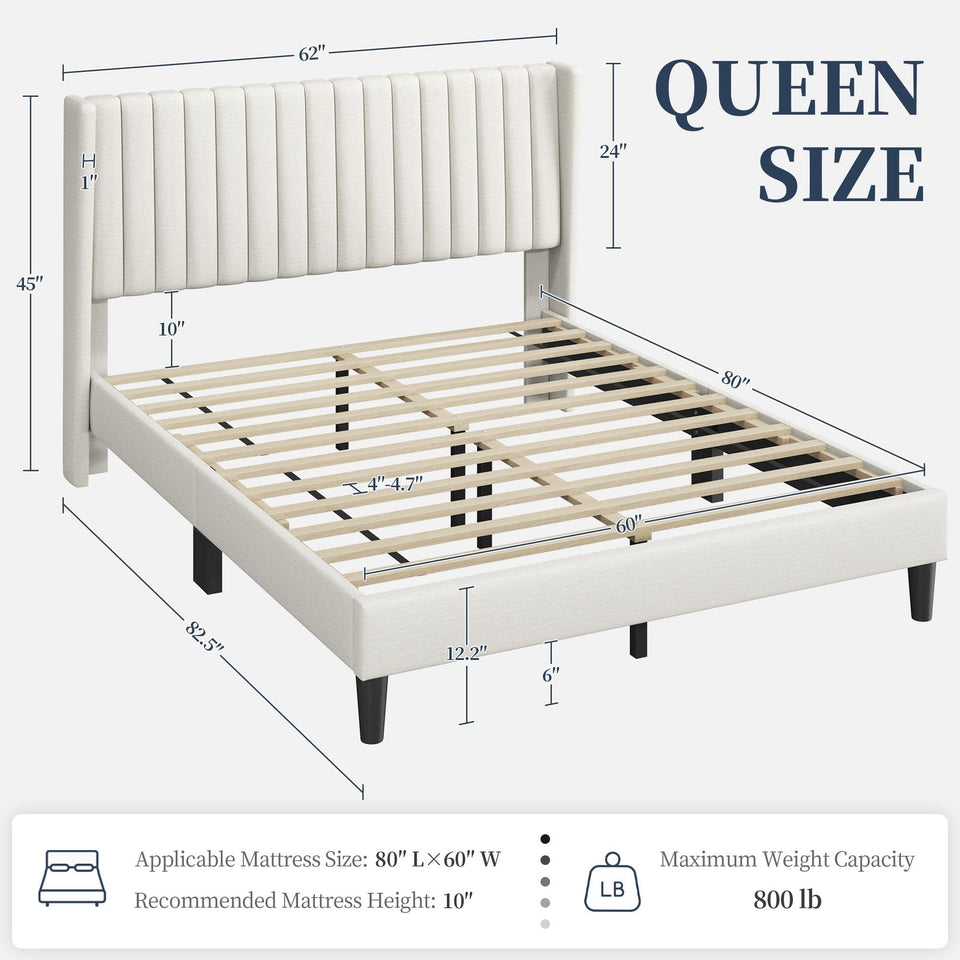 Yaheetech King Bed Frame Upholstered Platform Bed with Fabric Headboard, Wing Edge Design/Non-Slip and Noise-Free/Wooden Slats Support/No Box Spring Needed/Easy Assembly, Ivory King Bed