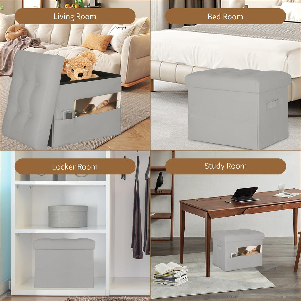 Storage Ottoman Foot Rest Stool, Foldable Leather Footstool Storage Bench with Thicker Foam Padded Seat. Foot Rest Under Desk for Living Room Bedroom 350 lbs, 17x13x13 in, Brown