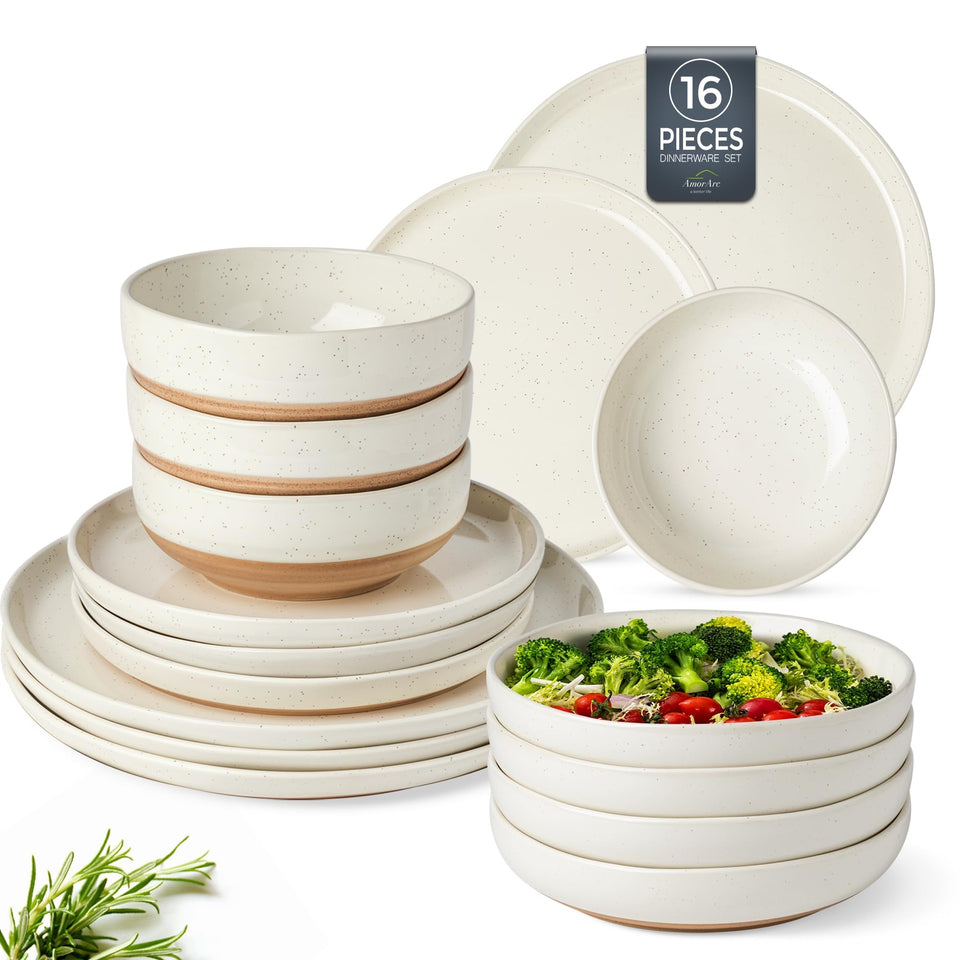 AmorArc Ceramic Dinnerware Sets for 8, 24 Pieces Handpainted Plates and Bowls Set with Rustic Terracotta Underside, Scratch Resistant Stoneware Dishes Set, Dishwasher & Microwave Safe, Light Beige