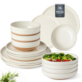 AmorArc Ceramic Dinnerware Sets for 8, 24 Pieces Handpainted Plates and Bowls Set with Rustic Terracotta Underside, Scratch Resistant Stoneware Dishes Set, Dishwasher & Microwave Safe, Light Beige