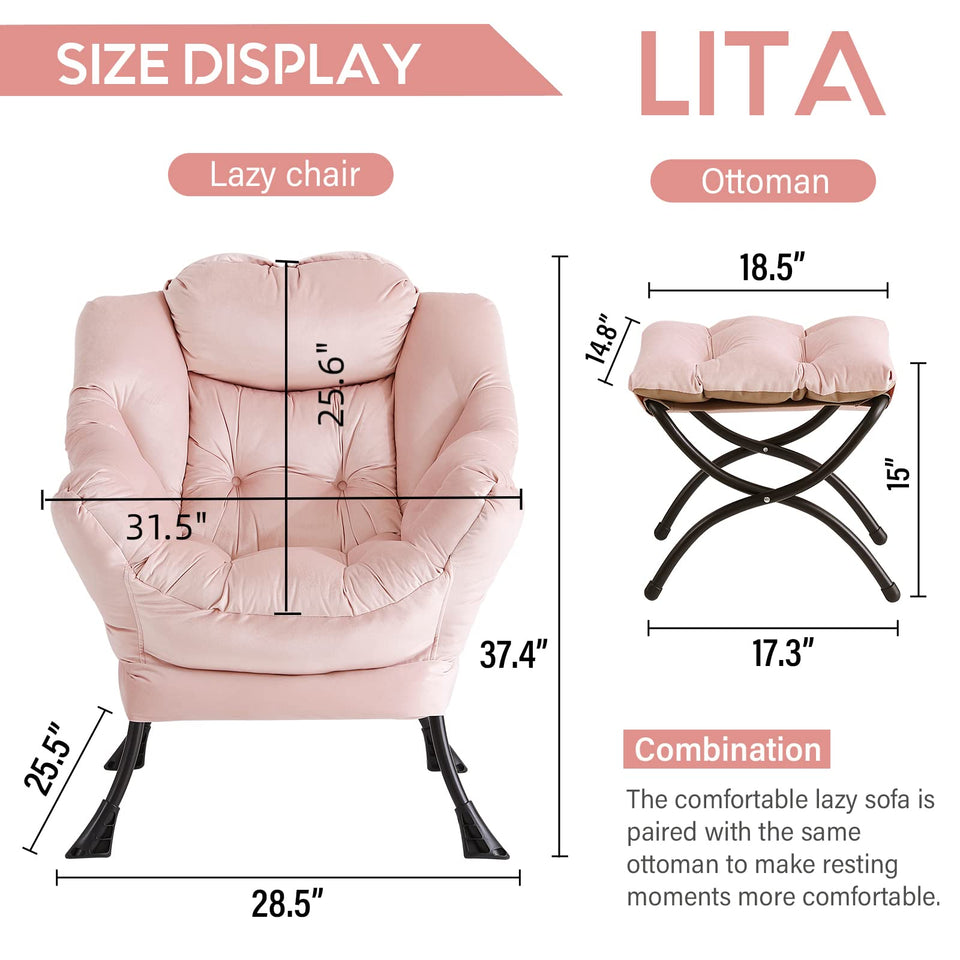 LITA Lazy Chair with Ottoman, Modern Accent Leisure Upholstered Lazy Sofa Armchair, Contemporary Lounge Reading Chair with Armrests and a Side Pocket for Living Room, Bedroom & Small Space, Dark Grey