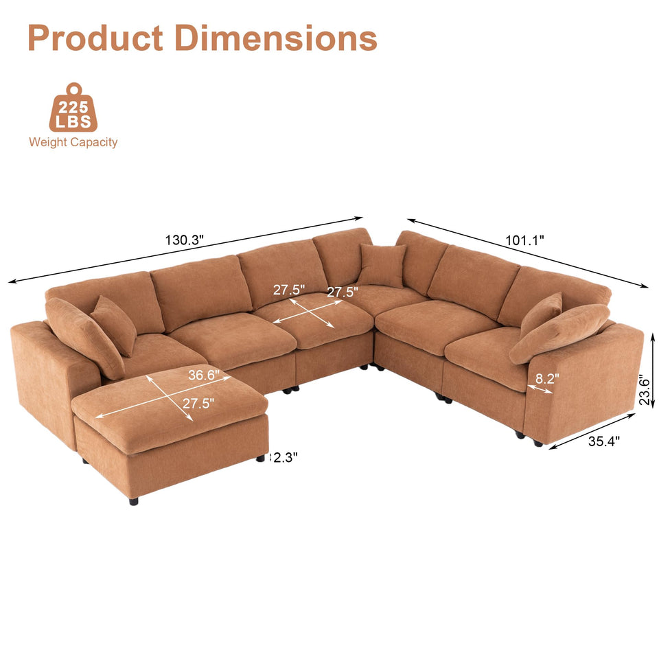 Tmsan 129.3" Oversized Modular Sectional Sofa, U Shaped Couch with Movable Ottoman, Large 7 Seat Corner Couches for Living Room, Spacious Space, Beige