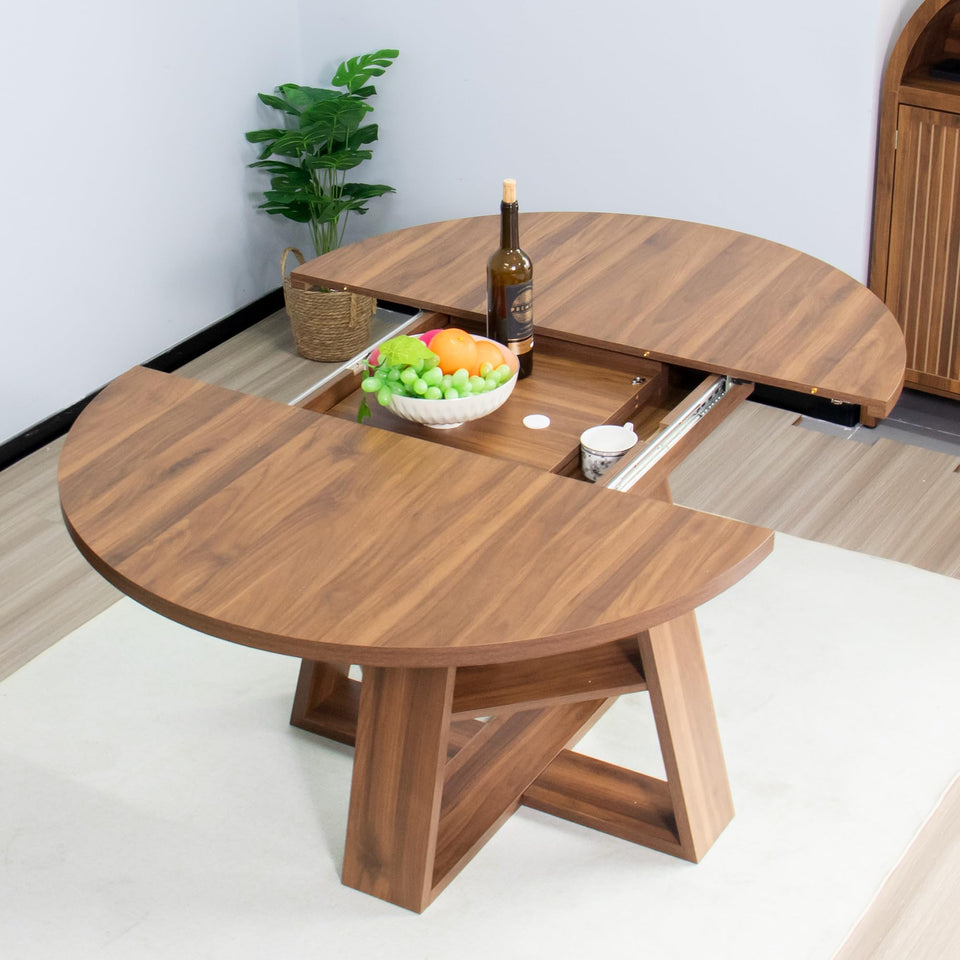 43.3in-59in Extendable Round Dining Table for 4-8,Modern Kitchen Oval Dining Table with Removable Leaves Space Saving,Wood Base with Storage Shelf for Kitchen Living Room (Walnut)