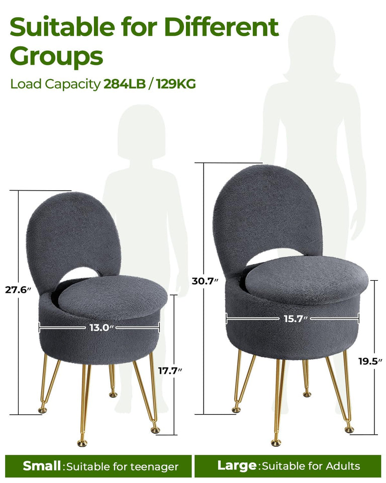 GREENSTELL Small Vanity Stool Chair with Storage and Folding Back, 13" x 13" x 17.7" Faux Fur Soft Ottoman for Teenager, 4 Metal Legs with Anti-Slip Feet, Furry Padded Seat for Makeup, Bedroom, White