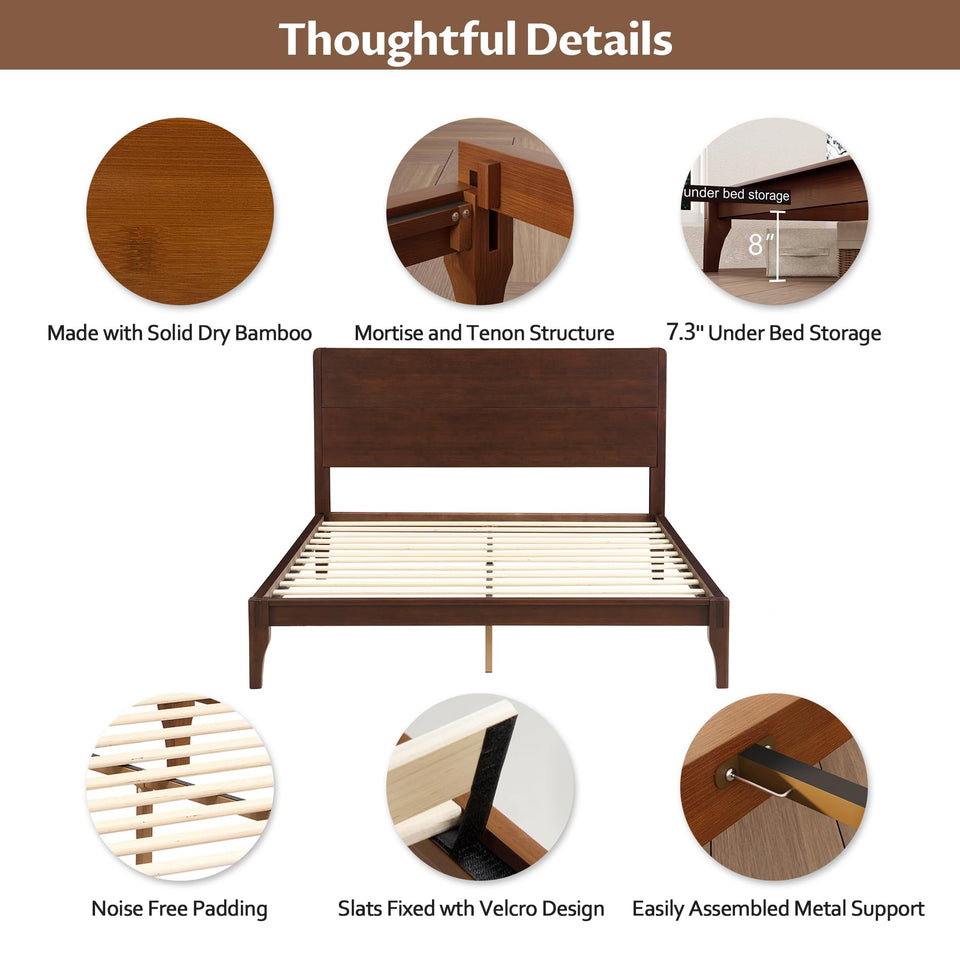 Merax Queen Size Bamboo Platform Bed, Mid-Century Modern Bed Frame with Tall Headboard, Solid Sustainable Bedframe Queen-size, Wood Slat Support, No Box Spring Needed, Easy Assembly, Noise Free, Brown