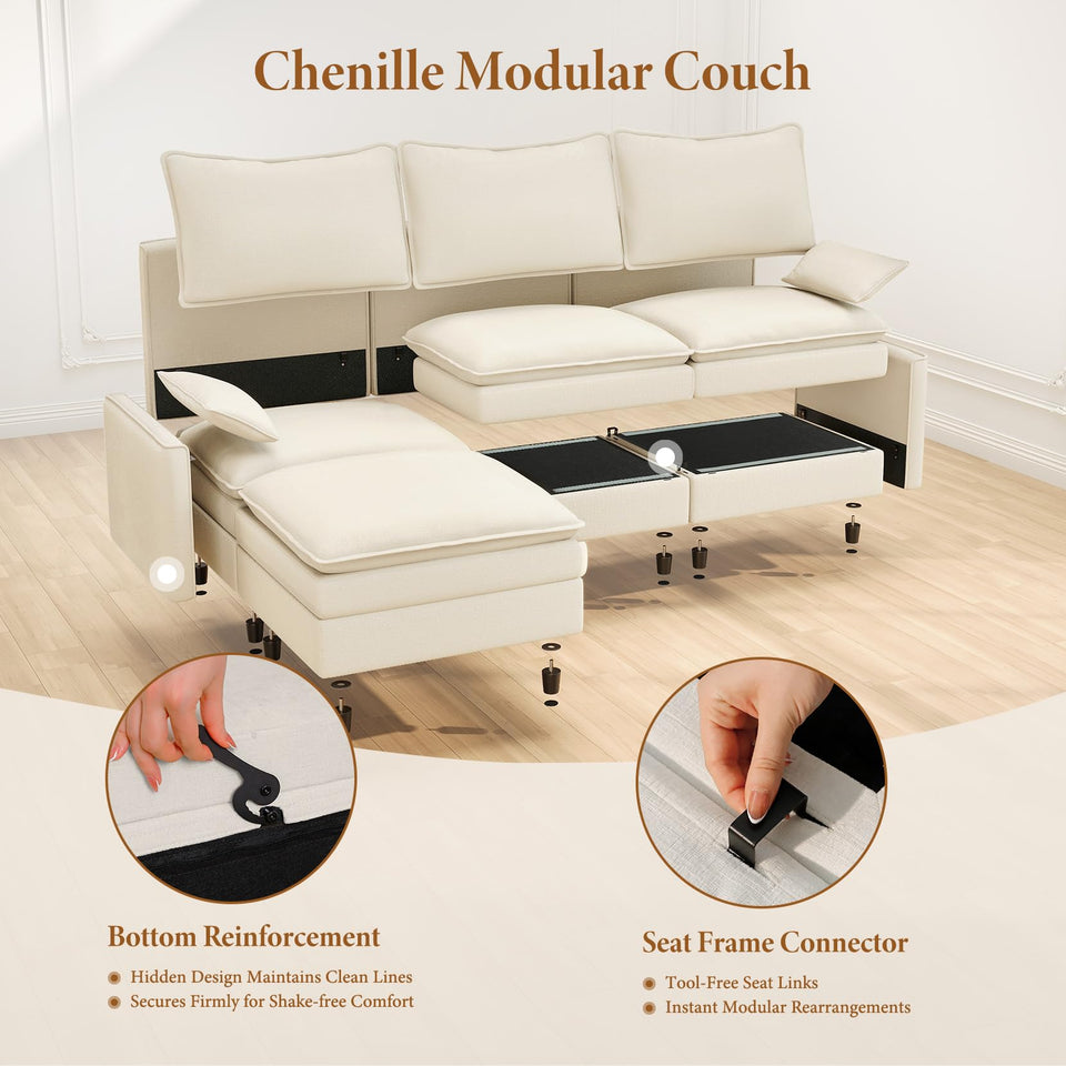 Vesgantti 142" U Shaped Sectional Couch, Comfy Cloud Modular Sectional Sofa with 2 Ottoman Deep Seat Chenille Modern Cloud Sofa, Modular Sofas for Living Room, Bedroom and Apartment, Beige