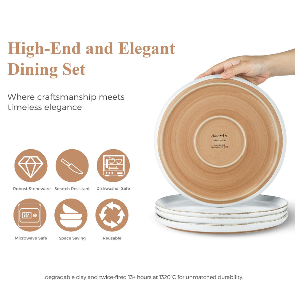 AmorArc Ceramic Dinnerware Sets for 8, 24 Pieces Handpainted Plates and Bowls Set with Rustic Terracotta Underside, Scratch Resistant Stoneware Dishes Set, Dishwasher & Microwave Safe, Light Beige