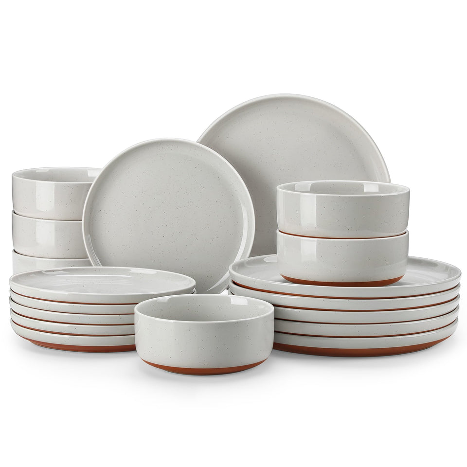 MALACASA Plates and Bowls Sets, 24 Pieces Modern Ceramic Dinnerware Set for 8 Kitchen Stoneware Dishes Dishware Set Microwave and Dishwasher Safe, White, Series TARA