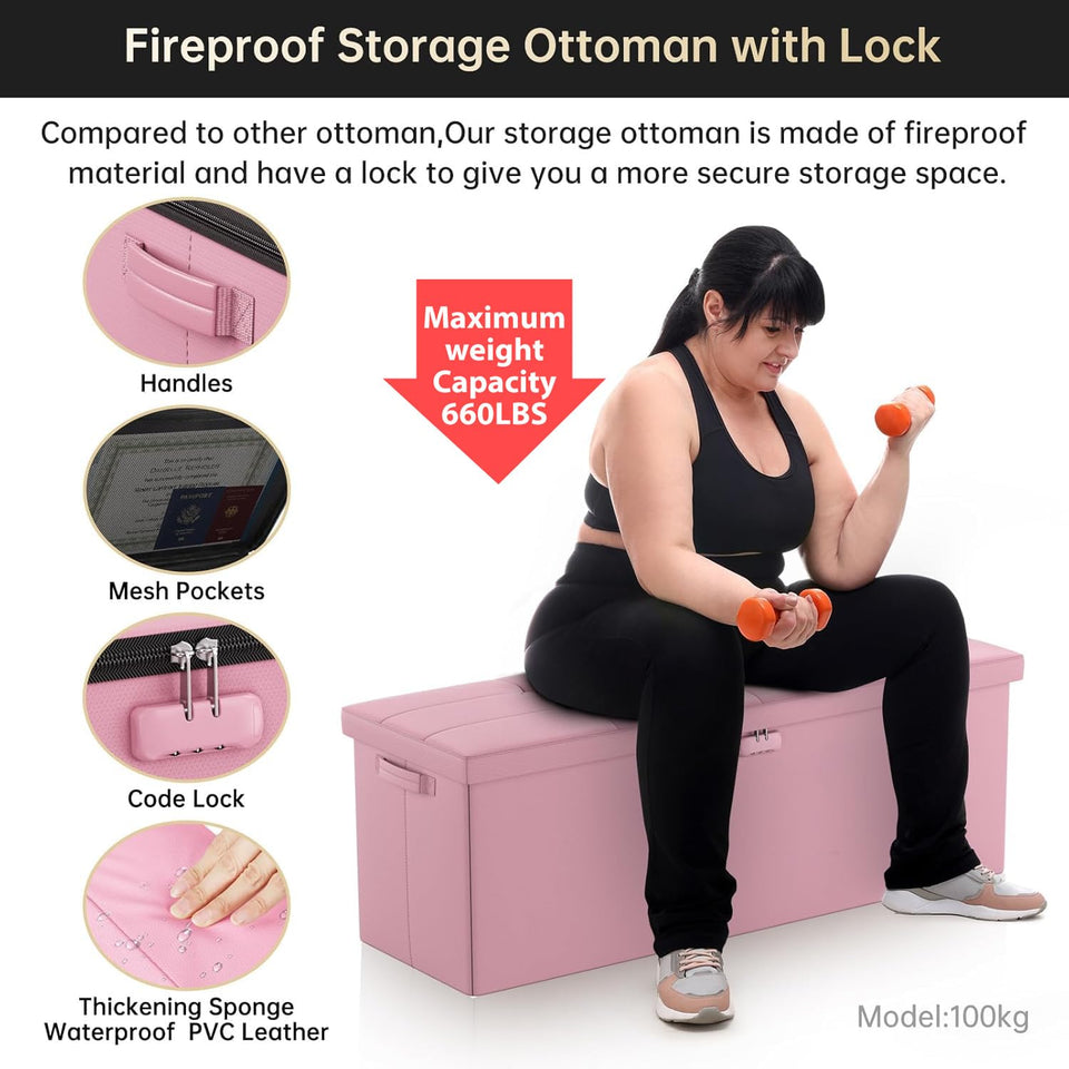 DocSafe Storage Ottoman with Lock,Fireproof Folding Ottoman Foot Rest Stool Storage Chest with Storage Safe for Important Documents,Waterproof 17 Inches Short Ottoman Foot Stool with Handles,Black