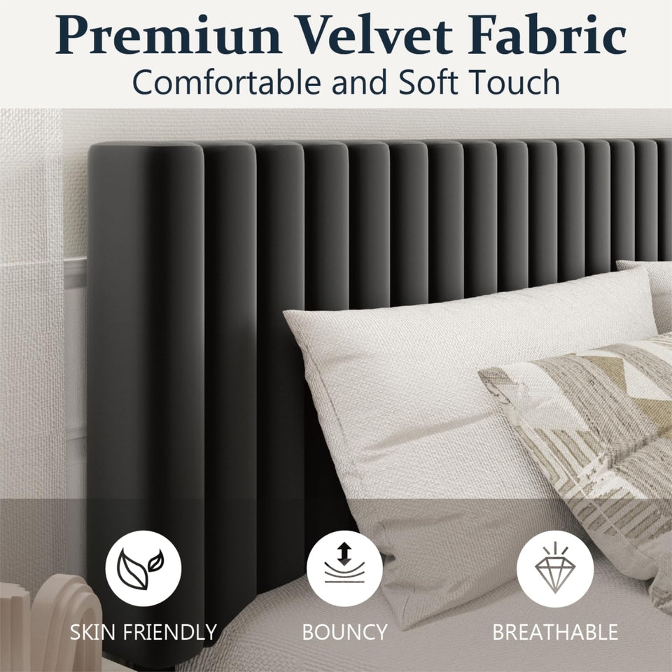 HAOARA King Size Bed Frame,King Size Platform Bed Frame and Velvet Upholstered Headboard with Strong Wood Slats, Box Spring Optional, Mattress Foundation, Easy Assembly Beige