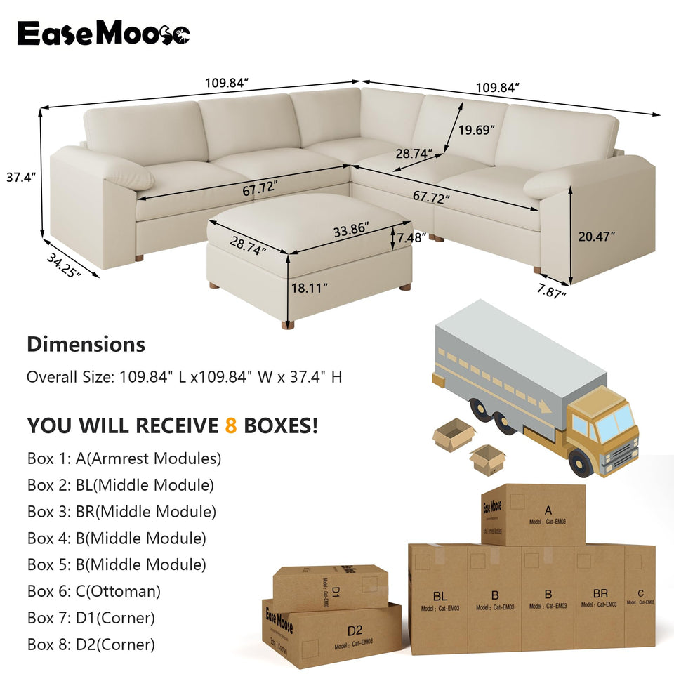 EASE MOOSE Leather Sectional Couch, Oversized Modular Sectional Sofas, Wide Deep Seat Modular Couch, Scratch Resistant Faux Leather Material, L Shaped Sofa for Big Spaces,Beige
