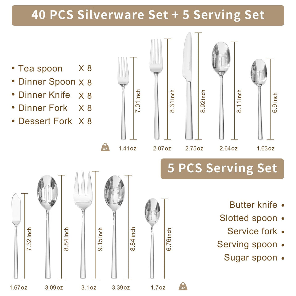 KINGSTONE Silverware Set, 60-Piece Forged Flatware Set Cutlery Set Premium Stainless Steel, Service for 12, for Kitchen, Home, Wedding, Party, Mirror Polished and Dishwasher Safe