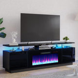 AMERLIFE Fireplace TV Stand with 36" Fireplace, 70" Modern High Gloss Fireplace Entertainment Center LED Lights, 2 Tier TV Console Cabinet for TVs Up to 80", Obsidian Black