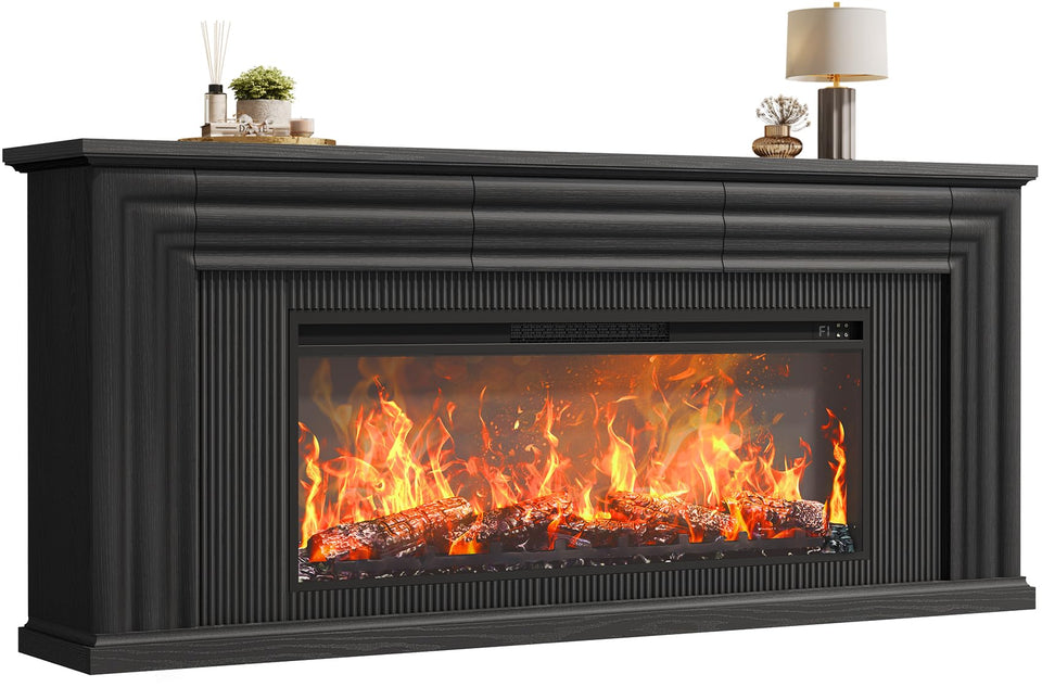 PRAISUN 70'' Fireplace TV Stand with 42'' Electric Fireplace, Farmhouse TV Stand for 65 75 Inch TV, Entertainment Center TV Console with 3 Drawers, Fluted Design, for Living Room, Distressed White