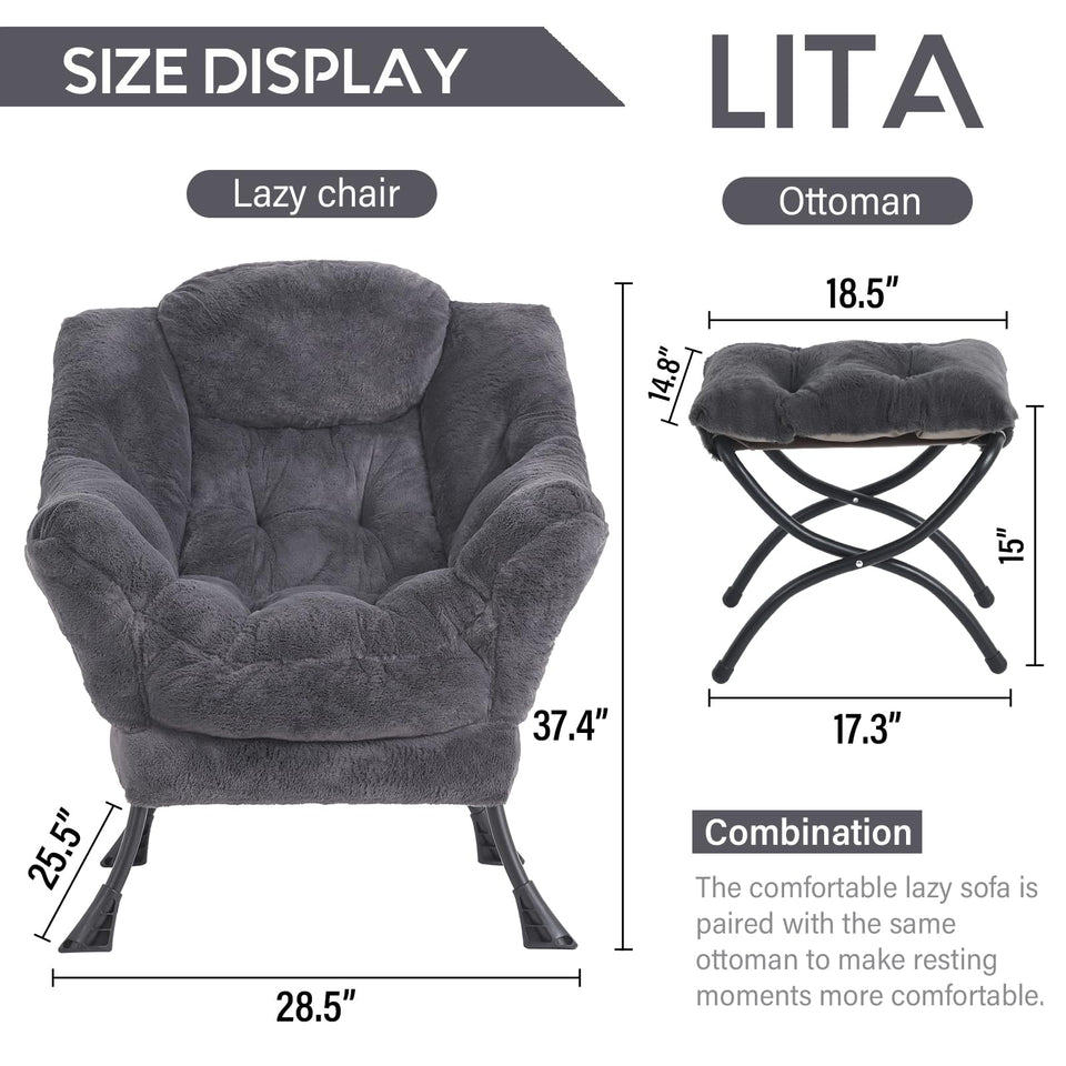 LITA Lazy Chair with Ottoman, Modern Accent Leisure Upholstered Lazy Sofa Armchair, Contemporary Lounge Reading Chair with Armrests and a Side Pocket for Living Room, Bedroom & Small Space, Dark Grey