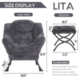 LITA Lazy Chair with Ottoman, Modern Accent Leisure Upholstered Lazy Sofa Armchair, Contemporary Lounge Reading Chair with Armrests and a Side Pocket for Living Room, Bedroom & Small Space, Dark Grey