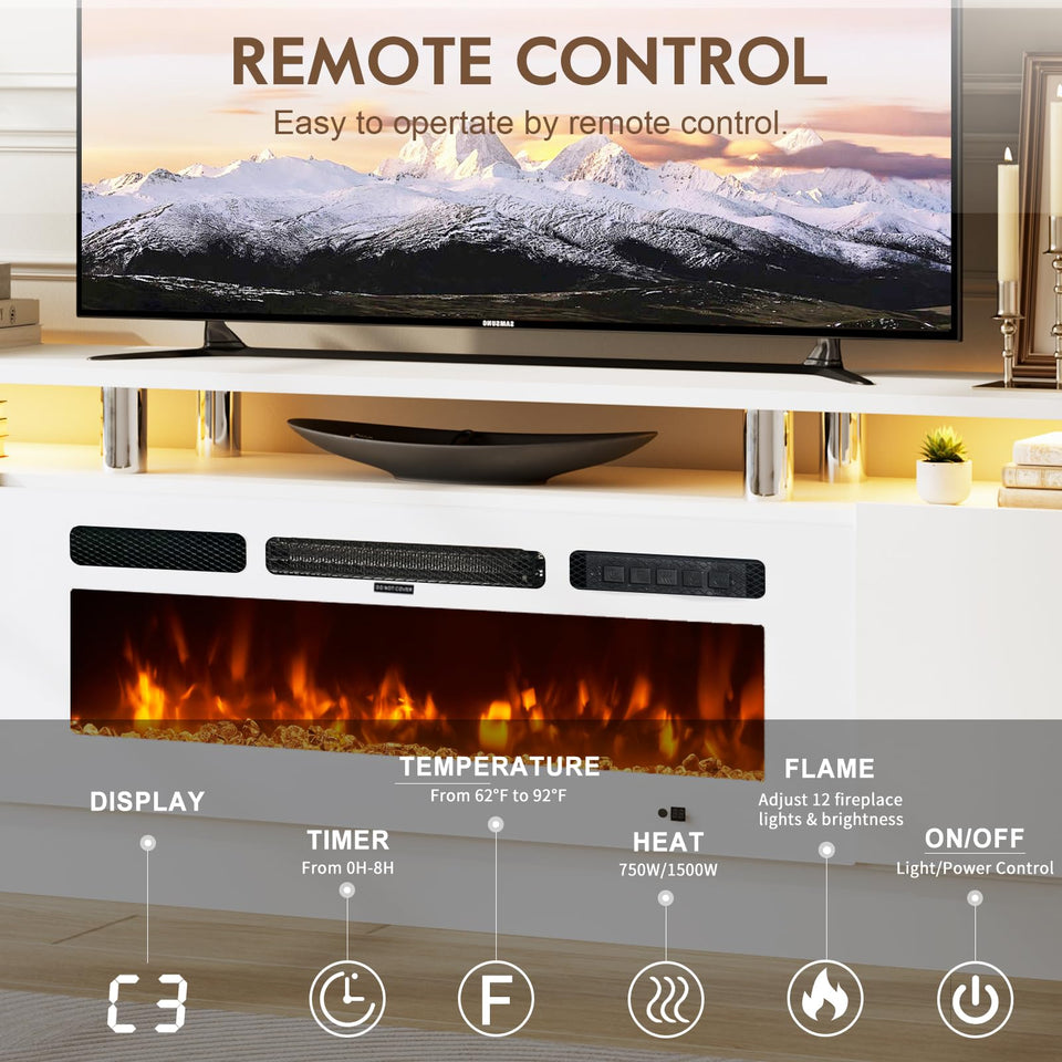 OneBlis 70" TV Stand for Living Room, Modern Entertainment Center & Media Console, Fits TVs up to 80", Storage Cabinet with Shelves, 36" Electric Fireplace with LED Flame (All Black)