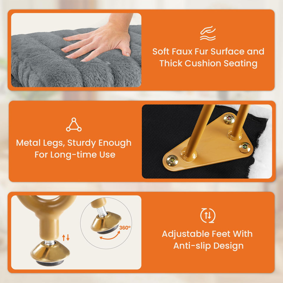 Sweetcrispy Vanity Stool Chair with Storage, Ottoman Faux Fur Soft Padded Makeup Footstools Seat with 4 Metal Legs Anti-Slip Adjustable Feet Modern Cute Small Footrest for Home Entryway Bedroom White