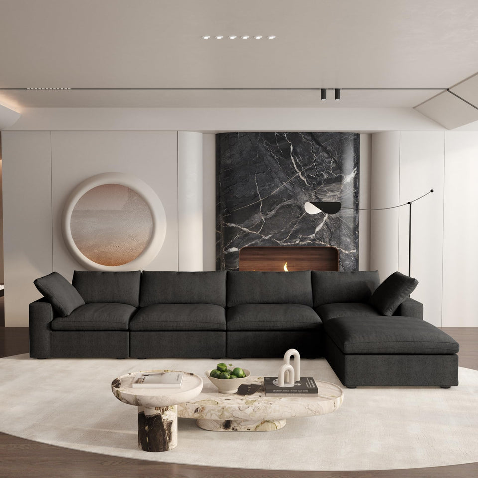 160.6" Cloud Couch Modular Sectional Sofa for Livingroom,Oversized Convertible Sofa with Storage Ottomans,6 Seat Wide Couches,Cushion Covers Removable (Khaki, 6 Seater)