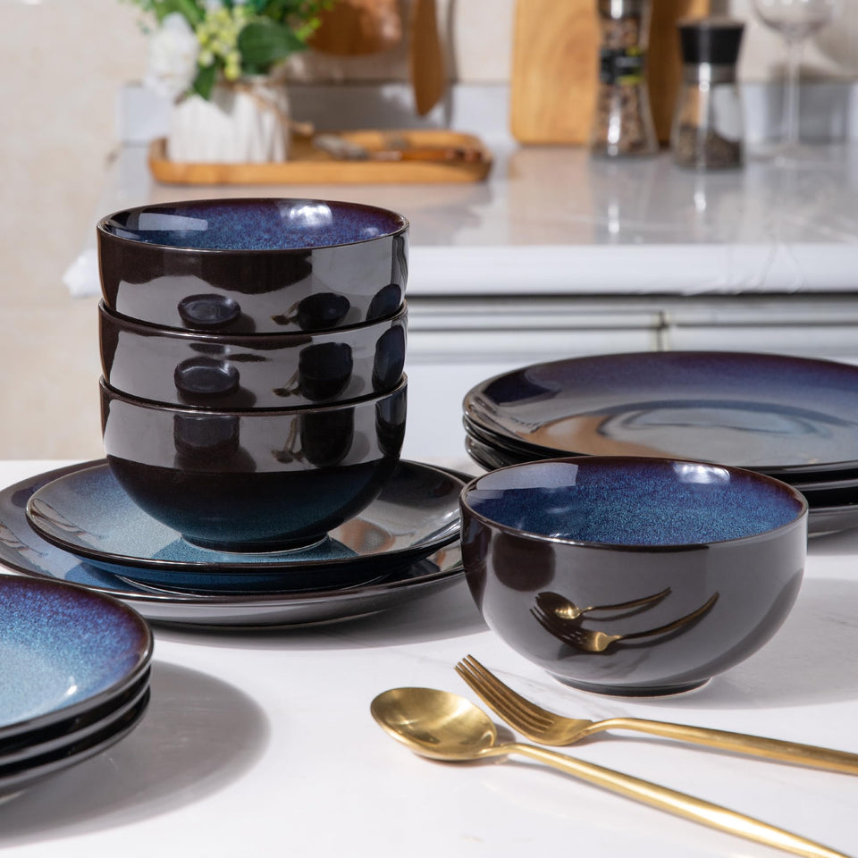 LeRatio Ceramic Dinnerware Sets for 6,Plates and Bowls Sets,Handmade Reactive Glaze Dishes Set,Chip Resistant and Scratch Resistant | Oven&Dishwasher & Microwave Safe-Blue(18PCS)