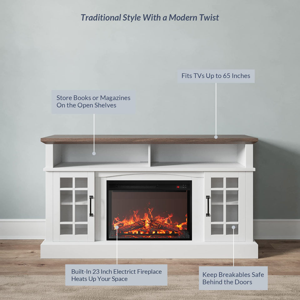 BELLEZE Traditional 58" Rustic TV Stand with 23" Electric Fireplace Heater with Sound, Media Entertainment Center Console Table for TV up to 65" with Open Storage Shelves and Cabinets - Espresso