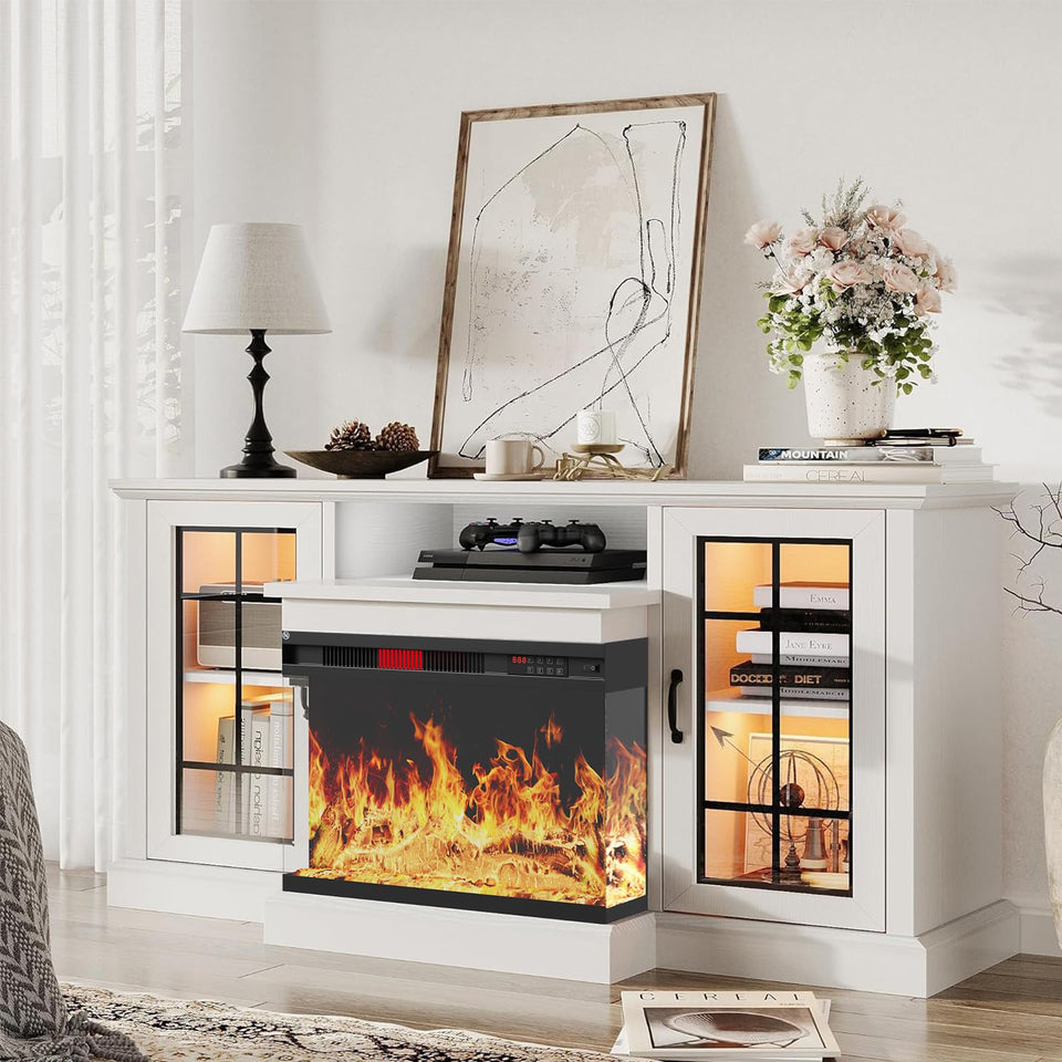 oneinmil 36 Inch 3-Sided Glass Fireplace TV Stand for TVs up to 80", Rustic Media Entertainment Center Console Table with Glass Door Closed Storage, Set of TV Table, White