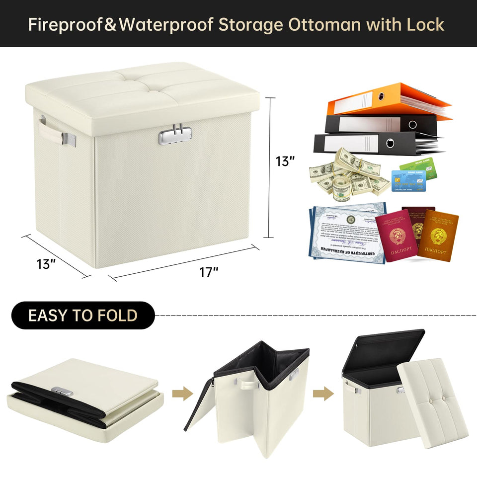 DocSafe Storage Ottoman with Lock,Fireproof Folding Ottoman Foot Rest Stool Storage Chest with Storage Safe for Important Documents,Waterproof 17 Inches Short Ottoman Foot Stool with Handles,Black
