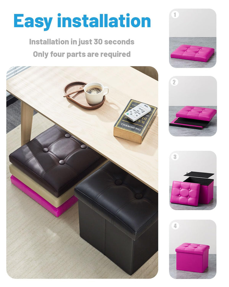 AmasSmile Storage Ottoman Folding Foot Rest Stool, Leather Footstool Bench, Short Ottoman Stool, Storage Foot Rest Store, Books (Black, 17" D x 13" W x 13" H)