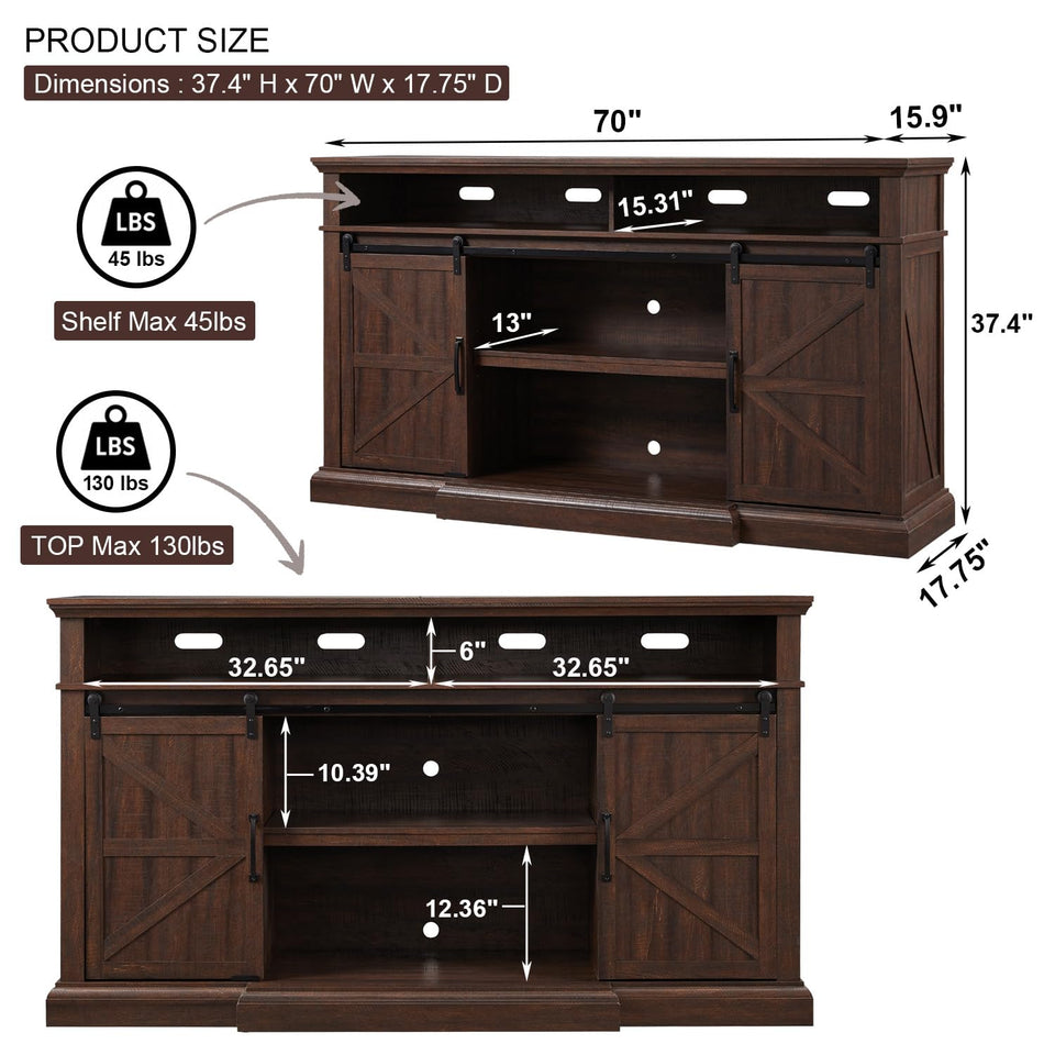 Farmhouse TV Stand for 80 Inch TVs, 37.4" Tall Entertainment Center w/Storage Cabinets and Sliding Barn Door, Media Console Cabinet w/Soundbar & Adjustable Shelves for Living Room, 70 inch (White)