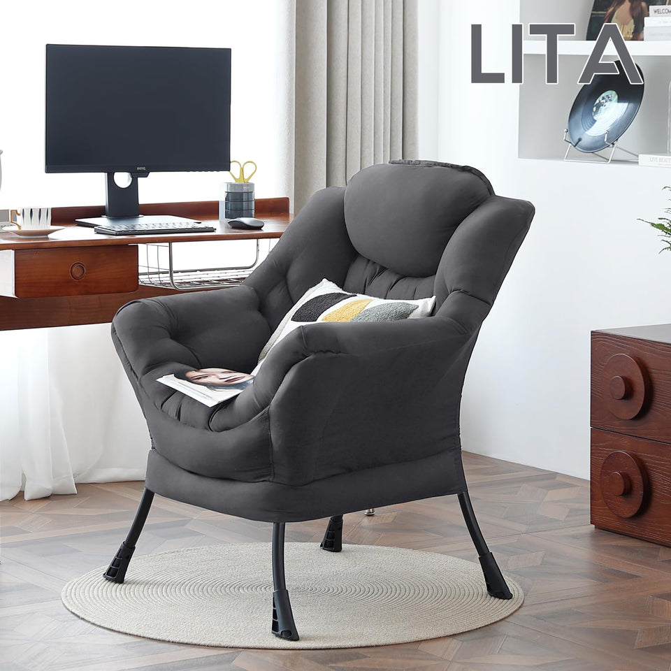 LITA Lazy Chair with Ottoman, Modern Accent Leisure Upholstered Lazy Sofa Armchair, Contemporary Lounge Reading Chair with Armrests and a Side Pocket for Living Room, Bedroom & Small Space, Dark Grey