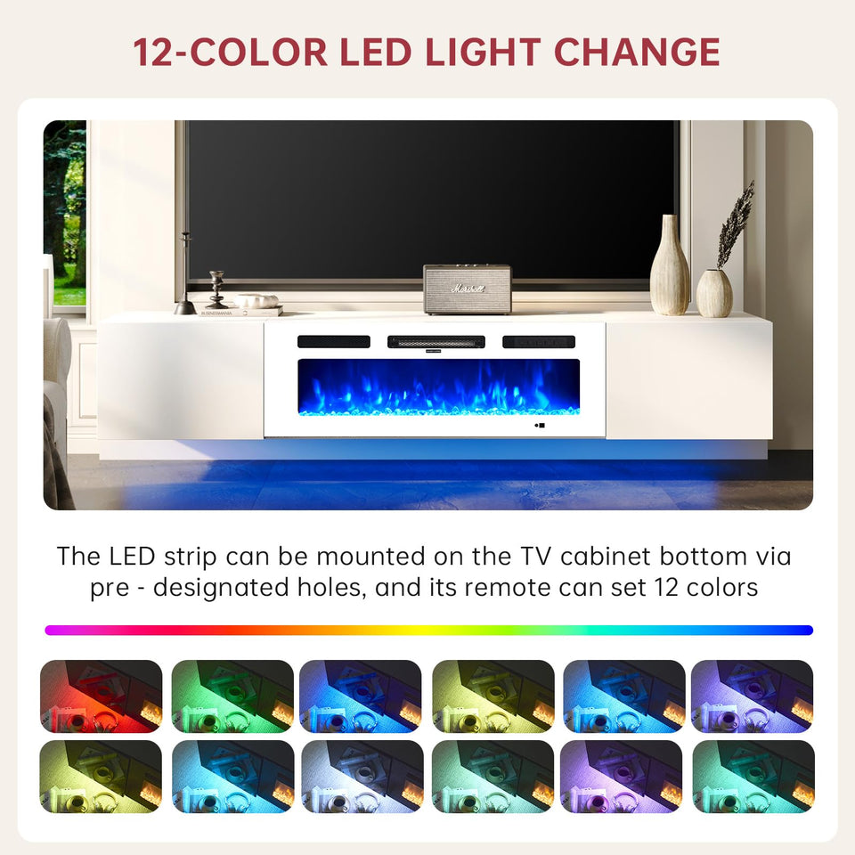 oneinmil 70" Floating TV Stand with 36" Electric Fireplace, Wall Mounted Fireplace Entertainment Center with Storage, Fire Place TV Console for Living Room, All Black