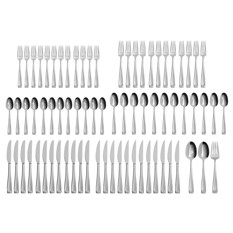 Oneida Silverware Set For 12, Moda 65-Piece Fine Flatware Set with Serving Utensils, Service For 12, 18/10 Stainless Steel, Dishwasher Safe For home, Knives Spoons and Forks Set (Silver, 65 pieces)