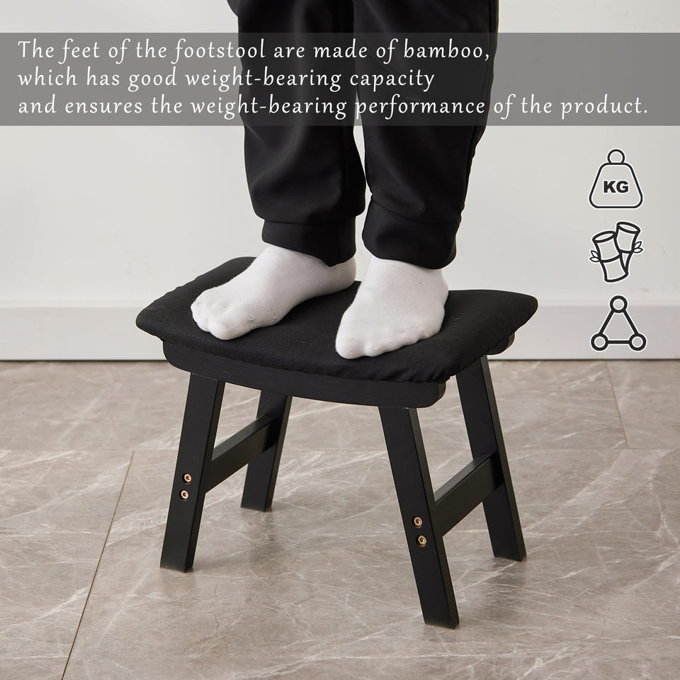 Foot Stool,Ottoman,Bamboo Small Sofa Foot Rest Under Desk,Extra Seating for Living Room, Bedroom and Kitchen(Brown Stool Legs - Beige Surface)