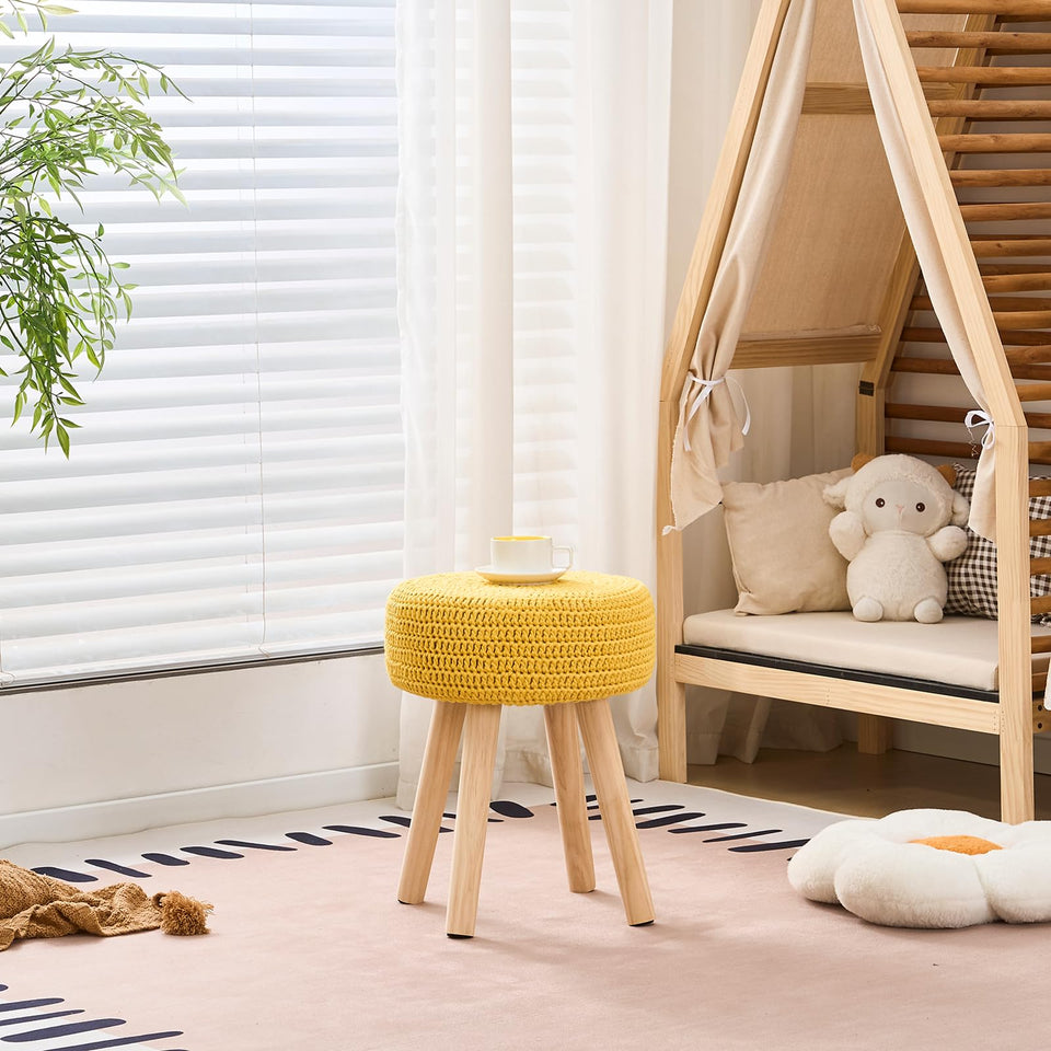 Wimarsbon Pouf Ottoman, 100% Cotton Knitted Boho Footstool, Round Footrest with Non-Skid Wood Legs, Home Décor Handmade Pouffe, Leisure Floor Step Stool for Living Room (Beige)