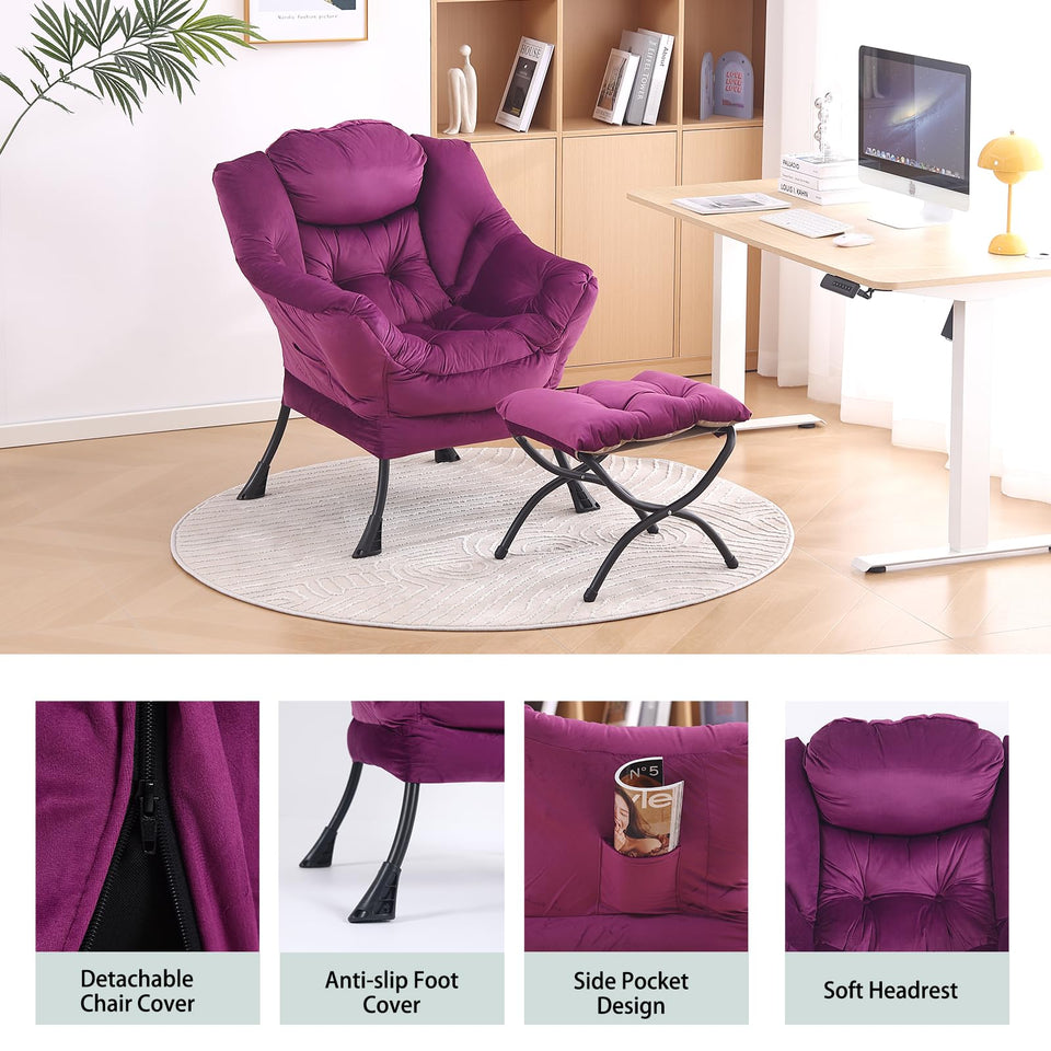 LITA Lazy Chair with Ottoman, Modern Accent Leisure Upholstered Lazy Sofa Armchair, Contemporary Lounge Reading Chair with Armrests and a Side Pocket for Living Room, Bedroom & Small Space, Dark Grey