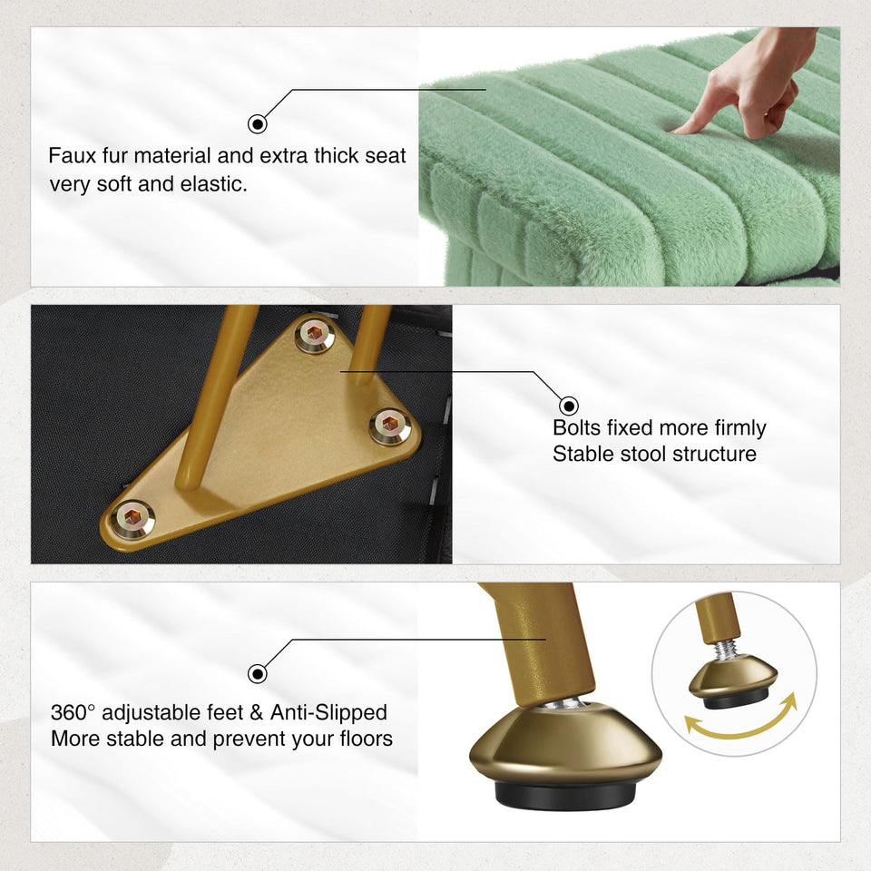 Greenstell Vanity Stool Chair Faux Fur with Storage, 15.7"L x 11.8"W x 19.4"H Soft Ottoman 4 Metal Legs with Anti-Slip Feet, Furry Padded Seat, Modern Multifunctional Chairs for Makeup, Bedroom Pink