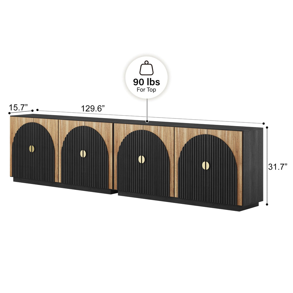 BELLEZE 65 Inch Fluted Buffet Cabinet with Storage, Symmetrical Arc Accent Sideboard Large Console Table for Dining Room, Kitchen, and Living Room (Caramel Brown)