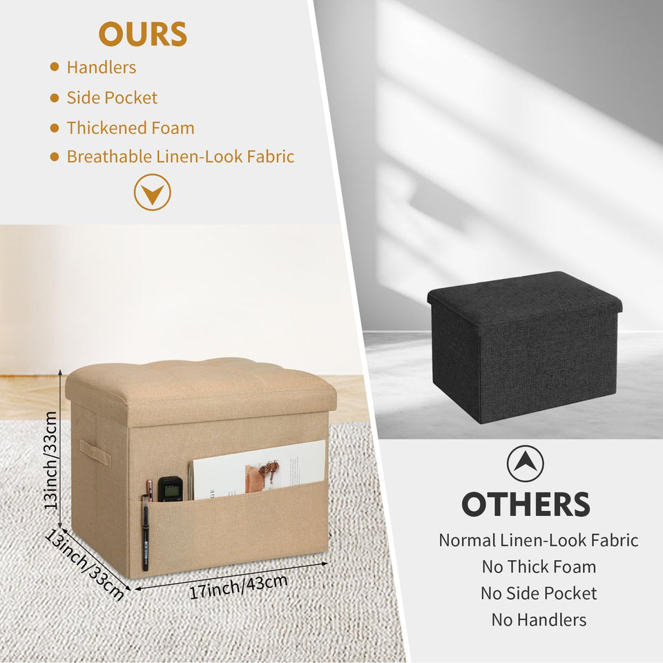 Storage Ottoman with Extra Thick Foam Padded Seat, Foldable Foot Rest Stool with Linen Fabric, 43L Ottoman with Storage Bench for Bedroom Living Room, Holds Up to 300lbs, 17x13x13in, Dark Gray