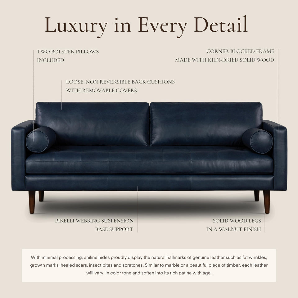 POLY & BARK Napa 72" Apartment Sofa – Italian-Tanned Full-Grain Pure-Aniline or Semi-Aniline Leather, Feather-Down Cushioning, Kiln-Dried Solid Wood Frame, Walnut Legs - Cognac Tan