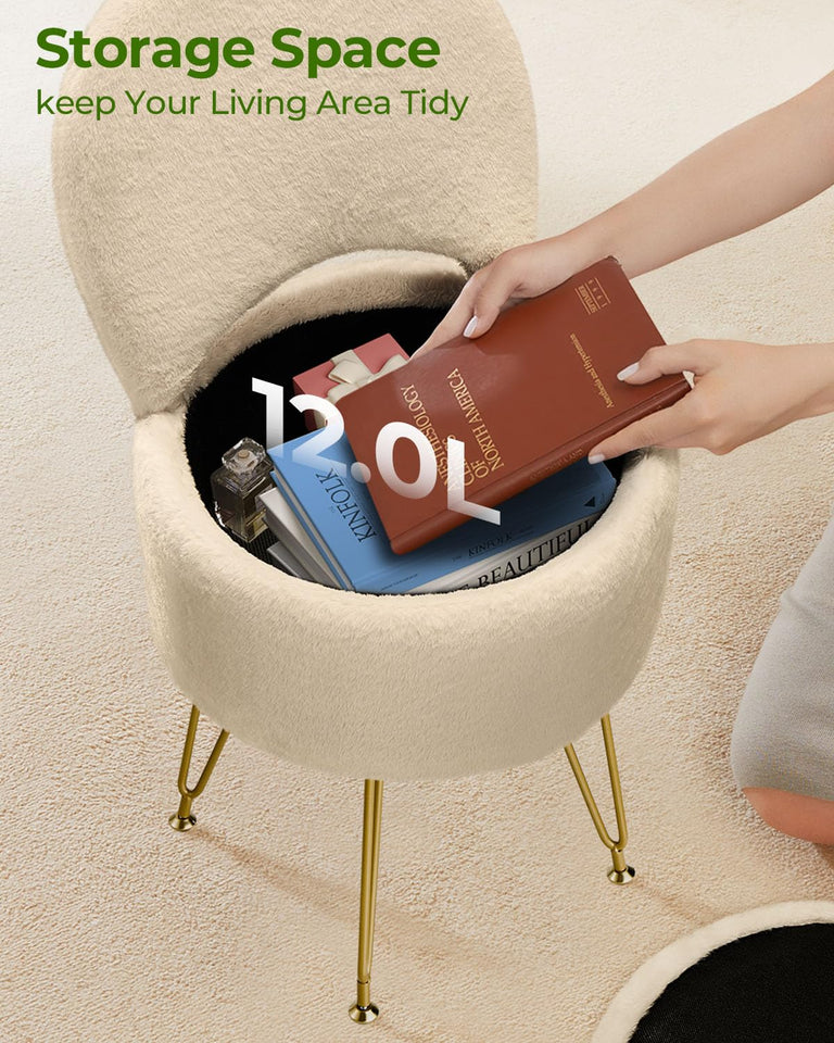 GREENSTELL Small Vanity Stool Chair with Storage and Folding Back, 13" x 13" x 17.7" Faux Fur Soft Ottoman for Teenager, 4 Metal Legs with Anti-Slip Feet, Furry Padded Seat for Makeup, Bedroom, White